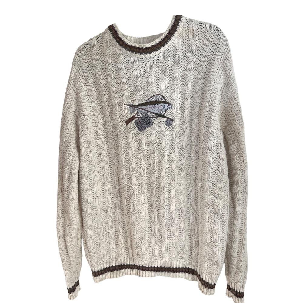 Vintage Shenandoah Mens L Cream Trout Fly Fishing Cotton Knit USA Basketweave